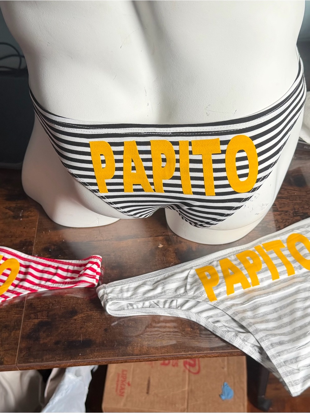 Papito men's pack of 3 Striped Bikini Bottoms - Black & White with Yellow Logo